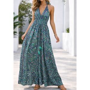 NWT 100% Viscose Green Paisley Maxi Dress Boho Halter